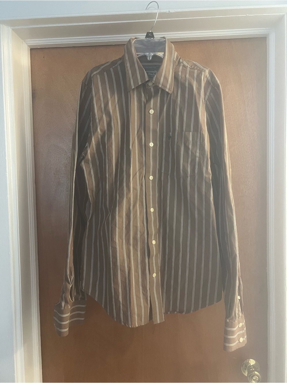 Abercrombie & Fitch Men's Brown with White Stripes Button-Down Long Sleeve Shirt
